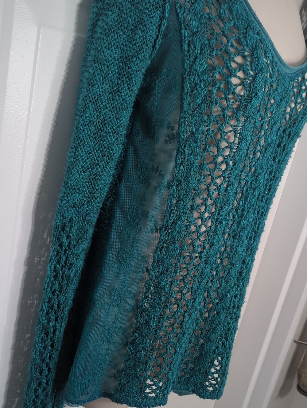 American Rag Teal Blue Open Knit Boho Crochet Sweater Sheer Floral Lace Sides